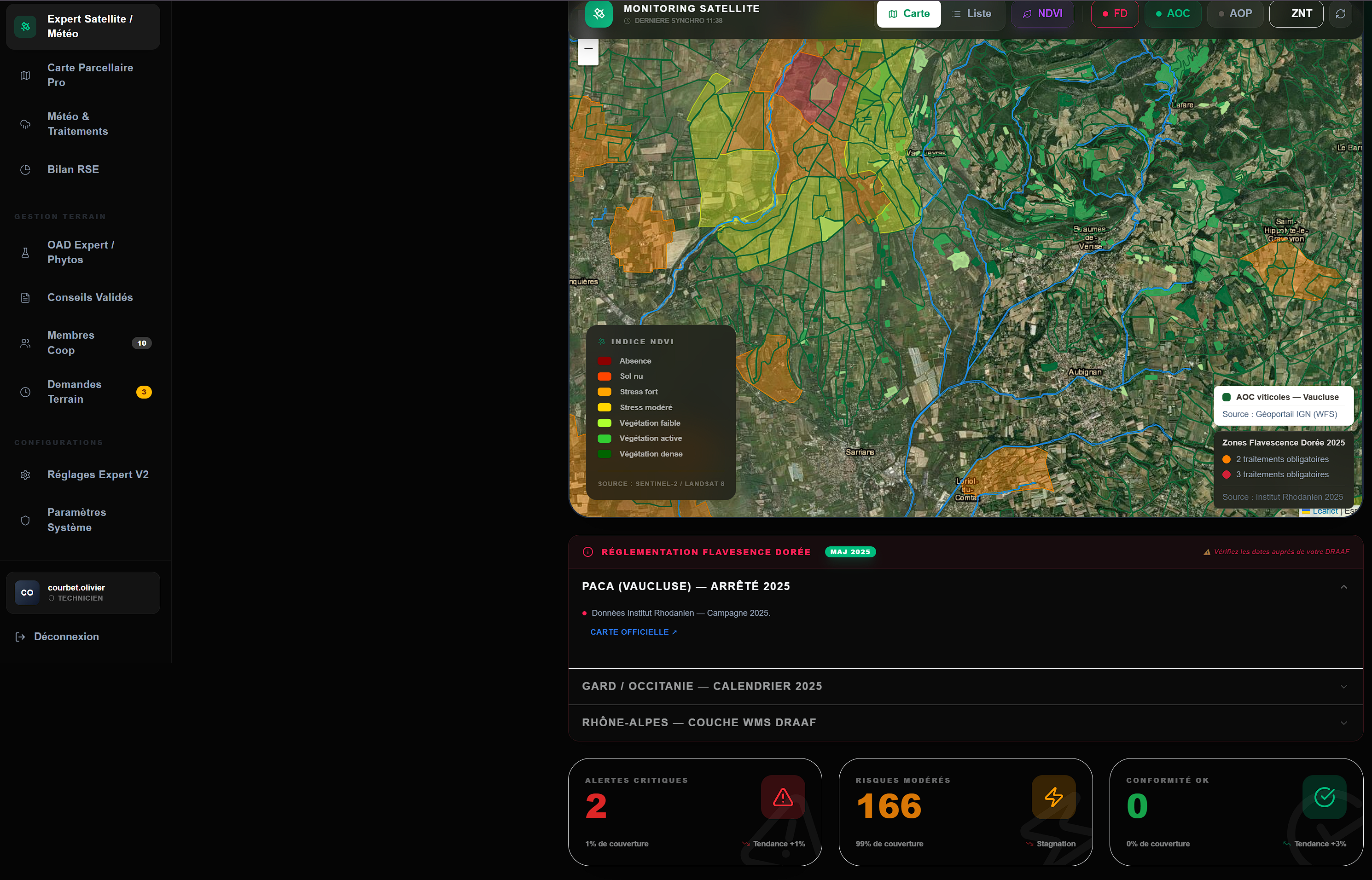 Console technicien Trace-Agri — monitoring satellite et suivi parcellaire